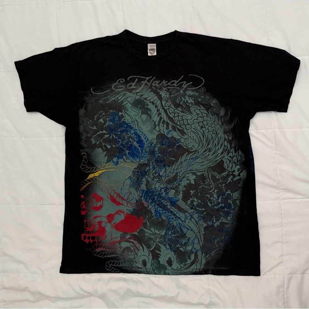 Ed Hardy Black Tee with Red and Blue Design